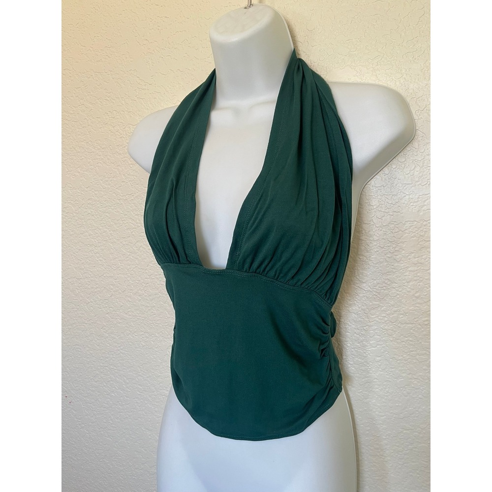 FP One Free People Green Halter Top Womens Deep Plunge Open Back Ruched Stretch
